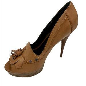 Simply Vera Tan Peep Toe‎ Heels Tassel Fringe Boho High Stiletto Platform EUC